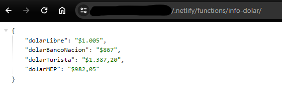 Captura de pantalla de la API desplegada en Netlify